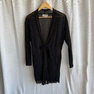 Sheer Black Pleated Duster Cardigan XL Tie Front Lightweight